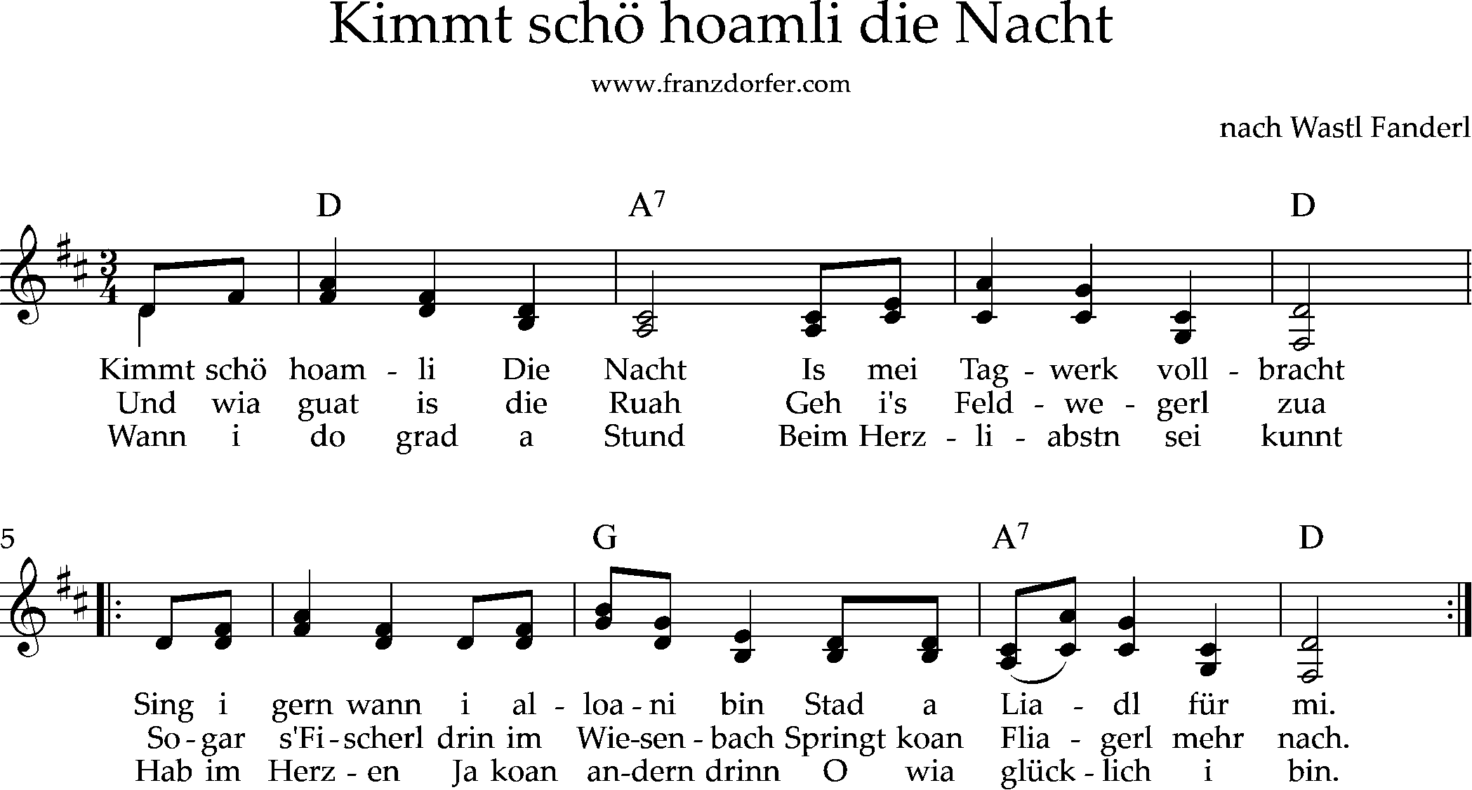 Noten , 2stimmig, kimmt schö hoamli die Nacht